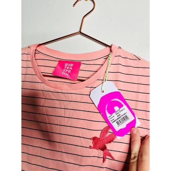 ONE TEASPOON Pink Striped Bower Bird Embroidered Logo Fitted T-Shirt NWT Size M - Picture 5 of 8